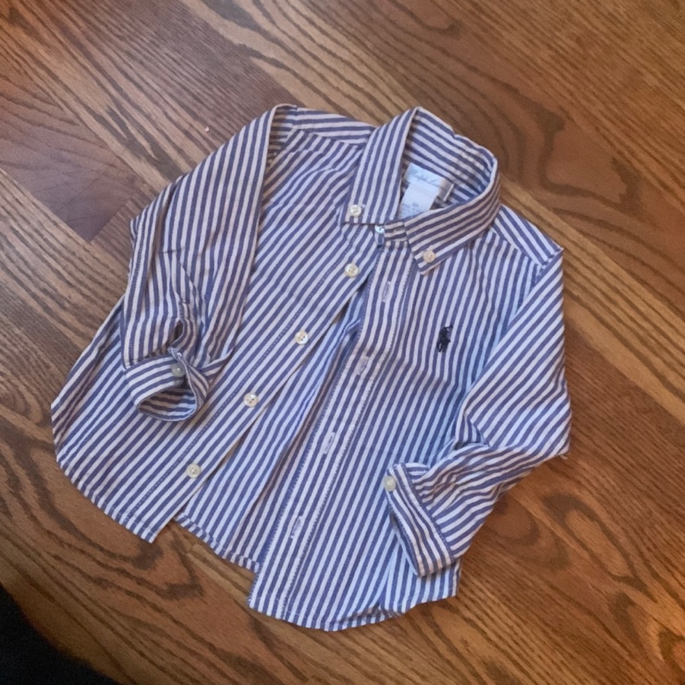 Ralph Lauren Baby Boy Blue and White Striped Button Down Shirt. Size 6 months.